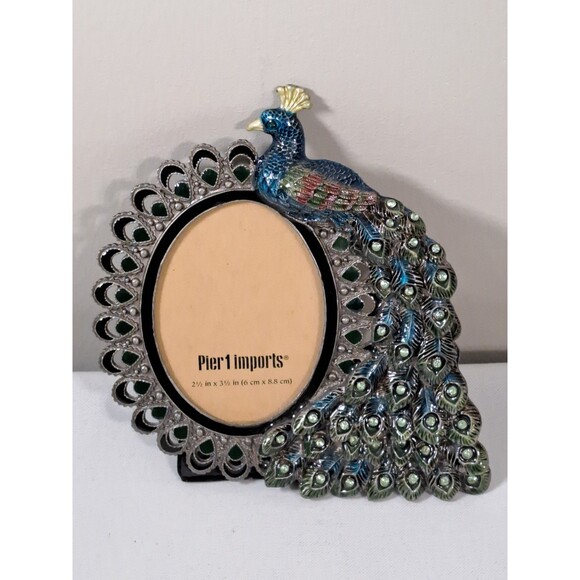 Pier 1 Imports Peacock Picture Frame Jeweled Enamel Rhinestones 2.5x3.5" Opening - Picture 3 of 8